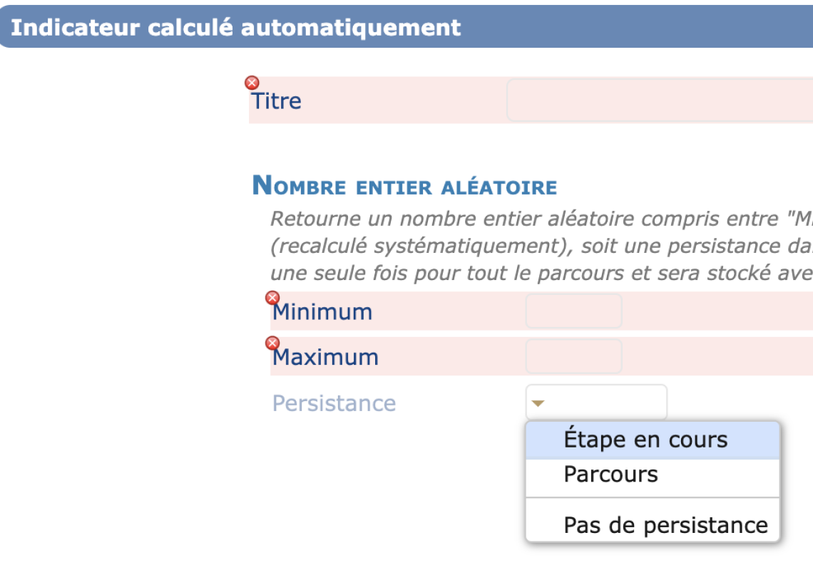 Réglages de l'item « Indicateur calculé automatiquement »