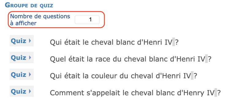 L'item « Etape de quiz partiel » permet le tirage aléatoire de questions