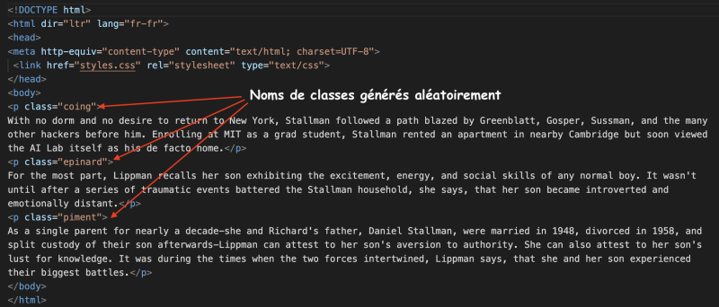 Un fichier HTML est généré automatiquement et contient les noms de classe à utiliser dans le fichier CSS
